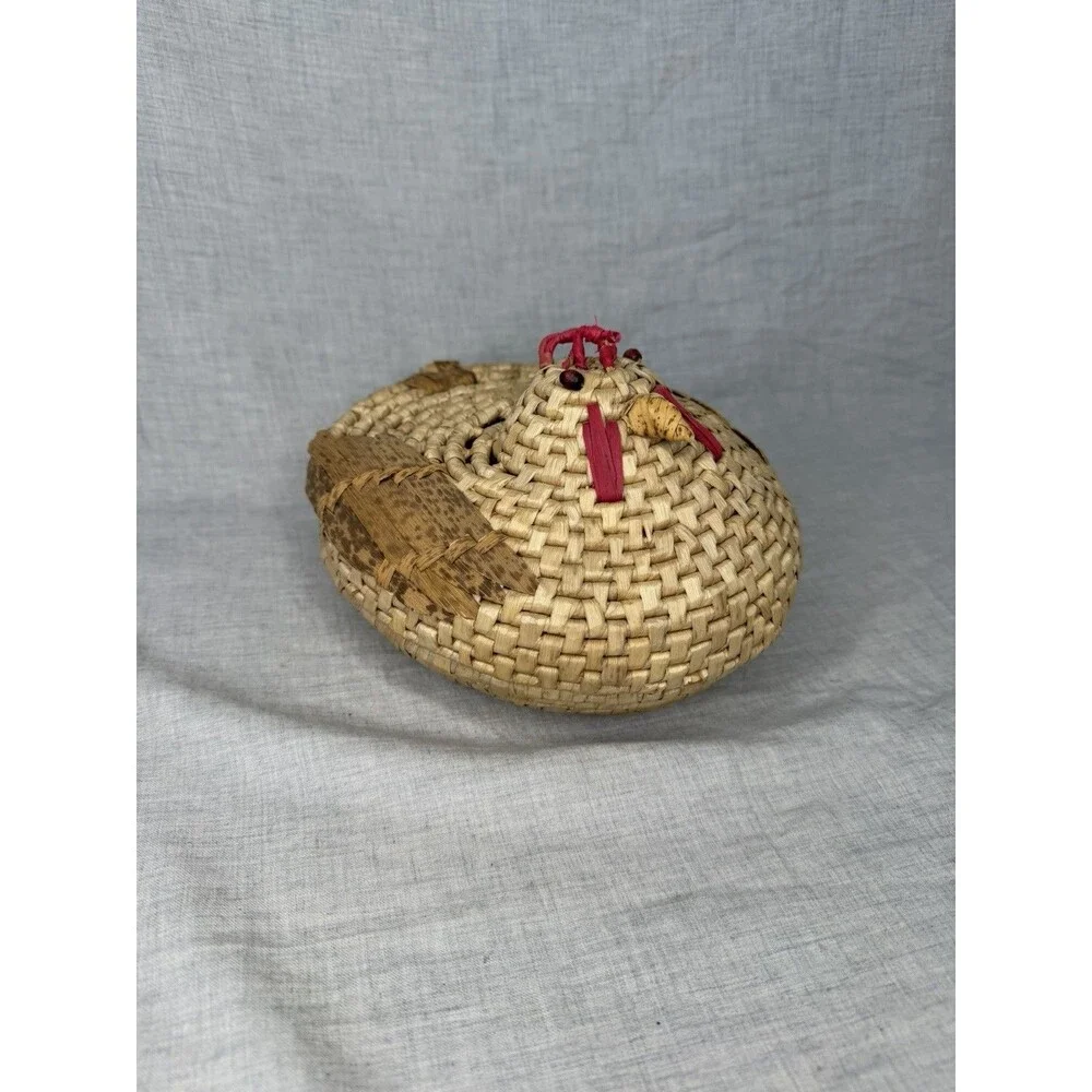 Vintage Rooster Chicken Handmade Woven Wicker Basket W/Lid Boho Rattan Farmhouse